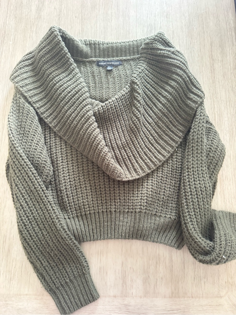 Naked Wardrobe Olive Chunky Knit Off-the-Shoulder Cropped Sweater | M/L